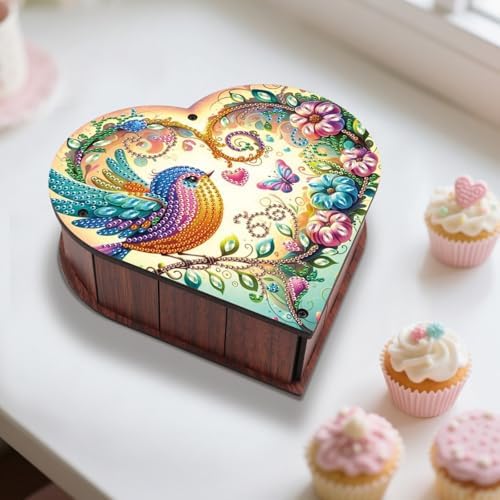 DIY Special Shaped Diamond Painting Storage Box Kit, Heart-Shaped Wooden Diamond Art Organizer with Colorful Bird and Flower Design, Decorative Gift Case for Jewelry, Accessories & Desktop Display - Image 5