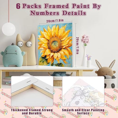 SYDYLH 6 Pack Paint by Numbers Kit for Adults/Kids, Easy Framed Adults Paint by Numbers Kits, DIY Simple Flowers Acrylic Oil Painting Number Kits for Home Wall Decor (8 x 8 Inch) - Image 2