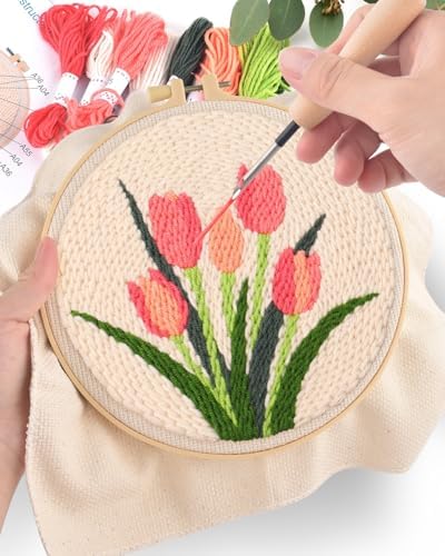 ERKOON Punch Needle Kit Beginners Adults, DIY Easy Flower Embroidery Set for Starter Art Craft, Needling Punching Project with Patterns, Tools, Yarns, Hoop, Instruction (Tulips) - Image 5