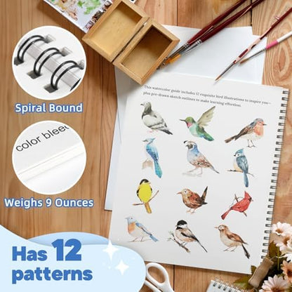 Teswarha Watercolor Workbook Using Thick Real Cotton Watercolor Paper for Adults Teens Spiral Bound 300GSM Art Paper 12 Sheets Birds 8.2 x 9.8in - Image 4