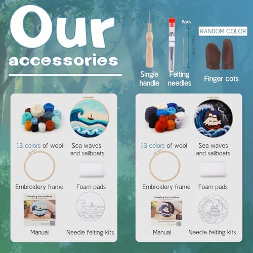 QMNNMA Needle Felting Kits, Wool Felting Kit with Picture Frame, Foam Pad, Felt Cloth, and Instructions, Needle Felt Painting Kit for Home Decoration (Sea Waves and Sailboats) - Image 2