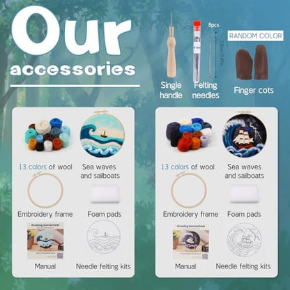 QMNNMA Needle Felting Kits, Wool Felting Kit with Picture Frame, Foam Pad, Felt Cloth, and Instructions, Needle Felt Painting Kit for Home Decoration (Sea Waves and Sailboats) - Image 2
