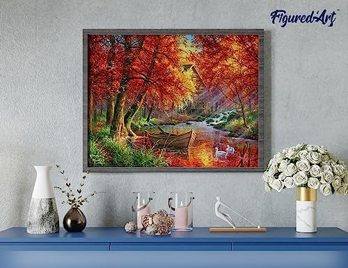 Figured'Art Paint by Numbers Kit for Adults Autumn River and Boat 16"x20" - Craft Art Painting Rolled Canvas with DIY Wooden Frame - Image 4