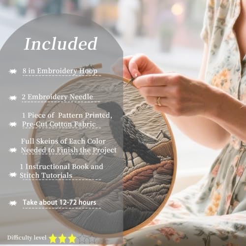 FONNUY Embroidery Kit, Featuring Crow and Landscape Patterns, Cross Stitch Kits for Both Adults and Beginners, Handmade Crafts Printed Pattern Set, Color Thread Needlework, 8'' Hoop (Fearless Bird) - Image 2