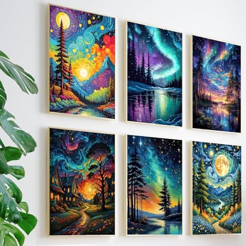 NEGEKFKX 6 Pack Paint by Numbers Kit for Adults Beginner,Starry Night Easy Adult Paint by Number Kits on Canvas DIY Painting for Beginners Art by Numbers for Home Wall Decor 10x12 Inch - Image 2