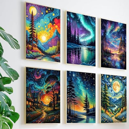 NEGEKFKX 6 Pack Paint by Numbers Kit for Adults Beginner,Starry Night Easy Adult Paint by Number Kits on Canvas DIY Painting for Beginners Art by Numbers for Home Wall Decor 10x12 Inch - Image 2
