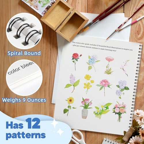 Teswarha Watercolor Workbook Using Thick Real Cotton Watercolor Paper for Adults Teens Spiral Bound 300GSM Art Paper 12 Sheets Flowers 8.2 x 9.8in - Image 4