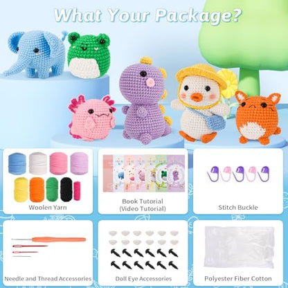 Gerute 6Pcs Crochet Kit for Beginners,Crochet Animal Kit with Step-by-Step Video Tutorial, Crocheting Kit for Starters, Beginner Crochet Kits for Adult Kid Women Men Complete Kit Included （40%+ Yarn - Image 2