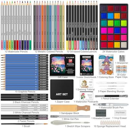 KALOUR 140 Drawing Set Sketching Kit,Art Supplies with 3-color Sketchbook & Coloring Paper,Include Tutorial, Colored, Graphite, Charcoal, Watercolor & Metallic Pencil,for Artists Adults Teens Beginner - Image 2
