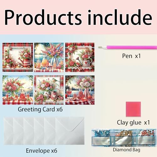 6pcs Lakeside Rose Flowers Vase Diamond Art Painting Greeting Cards Kit with Envelopes, 5D DIY Special Shaped Card Making Kits for Adults, Holiday Birthday Postcards Craft Gifts - Image 3