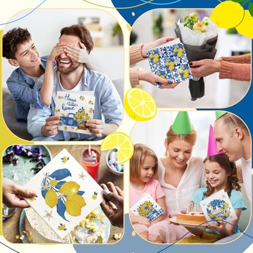 Saillong 12 Pack Lemon Diamond Painting Greeting Cards Kits Summer Capri Italy Lemon Diamond Art Cards with Envelopes Blue Yellow 5D Rhinestones Painting Making Kit for Adult DIY Craft Summer Gifts - Image 5