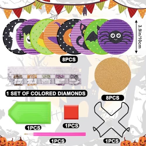 UPINS 8Pcs Halloween Diamond Art Painting Coasters Kits with Holder - Image 2