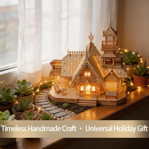3D Puzzle for Adults, LED Vintage Wooden Villa with USB Lights - Image 4