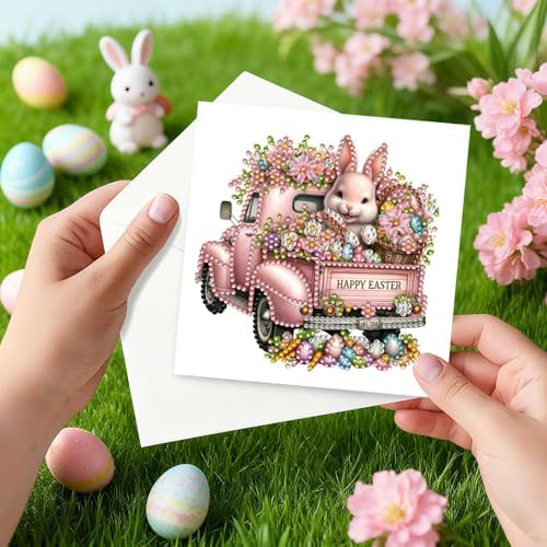 6Pcs Easter Greeting Card DIY Diamond Art Painting Greeting Cards Special Shaped Diamond Blessing Folding Card Kit Arts Crafts for Holiday Festival-Easter Truck - Image 5