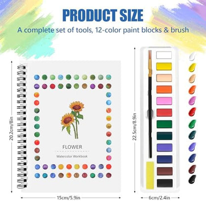 Watercolor Workbook for Beginners, Water Color Paint Book Set with Paints & Brush, 12 Beautiful Flower Patterns of Original DIY Designs, Relaxing & Creative & Joy Adult Coloring Books - Image 2