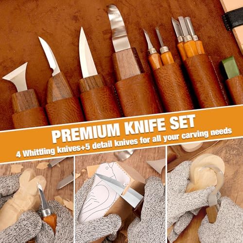 Wood Carving Kit, 24Pcs Wood Carving Tools with Storage Bag, Wood Whittling Knife Kit with 4pcs Templates & 6pcs Basswood Blocks for DIY Beginners - Image 4