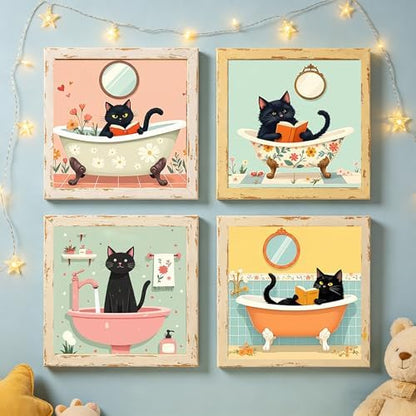 Canrichshop 4P Bathing Cat Paint by Numbers for Beginner with Frame,Black Cat Adult Painting by Numbers Kits on Canvas, DIY Oil Painting for Decor 8X 8 inch - Image 2