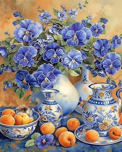 Tucocoo Flower Paint by Bumbers for Adults Beginner Bule Flowers Vase DIY Paint by Numbers Acrylic Paint Canvas Vintage Exquisite Bedroom Decor Painting Kits Flower Furit Art 16x20 Inch （DIY Frame ） - Image 2