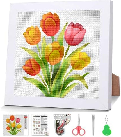 VIGEGU Tulip Stamped Cross Stitch Kits for Adult Beginner with Wooden Frame by VIGEGU