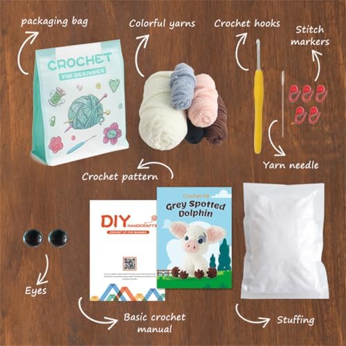 Linhao Jew Crochet Kit for Beginners – Knitting Kits Cute Animal Kitten Keychain with Pre-Started Easy Yarn, Step-by-Step Video Tutorials for Adults DIY Crafts (Pig) - Image 6