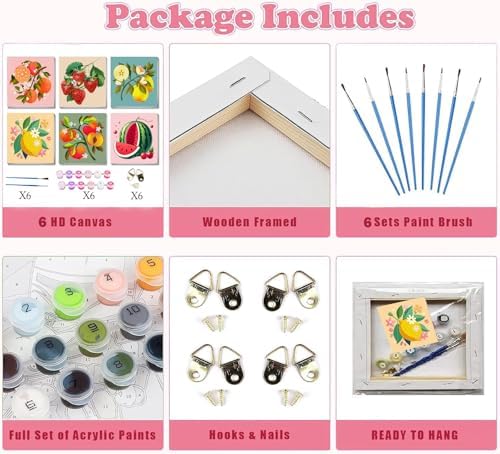 SYDYLH 6 Pack Framed Paint by Numbers Kit for Kids,Easy Acrylic Paint by Numbers Kits on Canvas,Fruit Oil Painting Paint by Number for Adults Beginners for Home Wall Decor (8x8inch) - Image 3