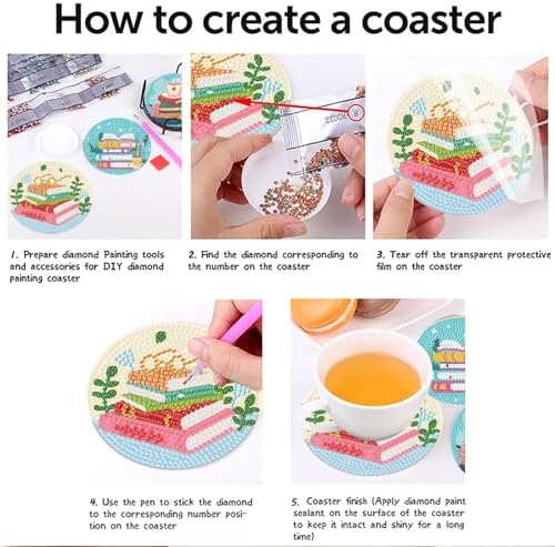 8 Pcs Book Diamond Art Coasters Kit for Adults, Book Lovers Wooden Coffee Diamond Painting Coasters with Holder, 5D Gem Art Dots Painting Coaster with Cork Pads - Crafts Supplies for Home Decor - Image 7