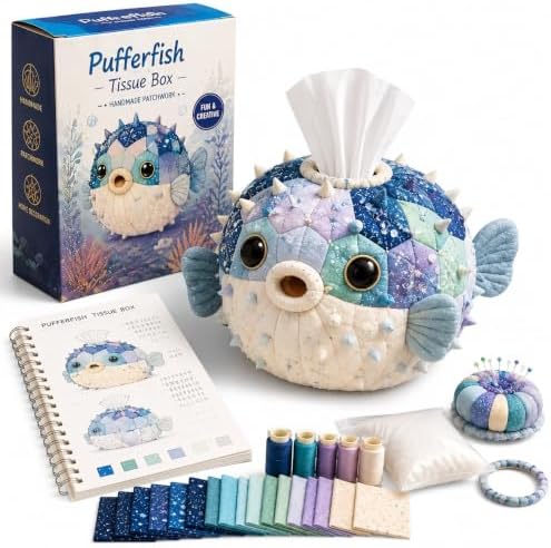 Saiiko Tissue Box Cover DIY Sewing Kit, Boho Fabric Patchwork Craft Kit for Adults Beginners, Beach Home Decor for Nightstand, End Table and Desk (Pufferfish) by Saiiko