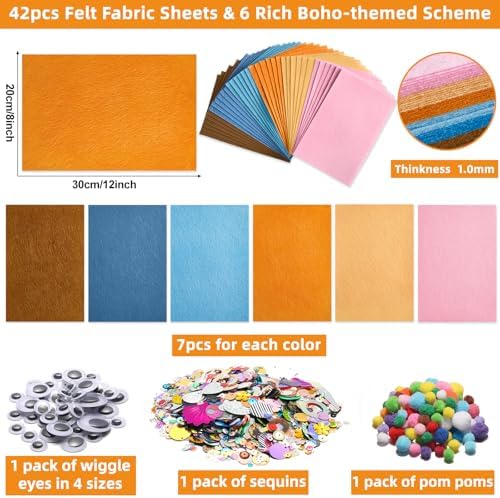 42Pcs Boho Felt Fabric Sheets 8 x 12 Inch Brown Beige Blue Assorted Soft Thick Felt Pack with Wiggle Google Eyes Pom Poms Glitter Patchwork Craft Supply for DlY Sewing Creative Art Project Decor - Image 2