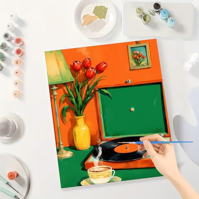 Retro Record Player Paint by Numbers Kit for Adults - DIY Vintage Music and Tulips Scene Painting on Canvas 16x20In, Framed Acrylic Paint Set for Beginners, Nostalgic Art for Home Decoration/Gifts - Image 3
