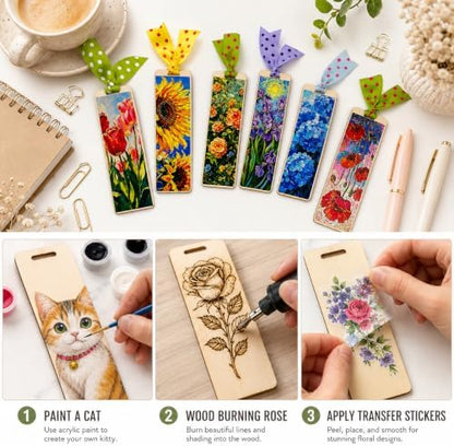 70 PCS Wood Bookmark Blanks Making Kit, 20 Large Thick Unfinished Wood Bookmarks with Tassels, 20 UV DTF Stickers & Ribbons, DIY Craft Kit for Book Lovers, Reading Gifts, Teachers, Student - Image 3