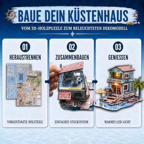 LED 3D Wooden Puzzles for Adults, Seaside Cabin DIY Miniature House,Gift - Image 2