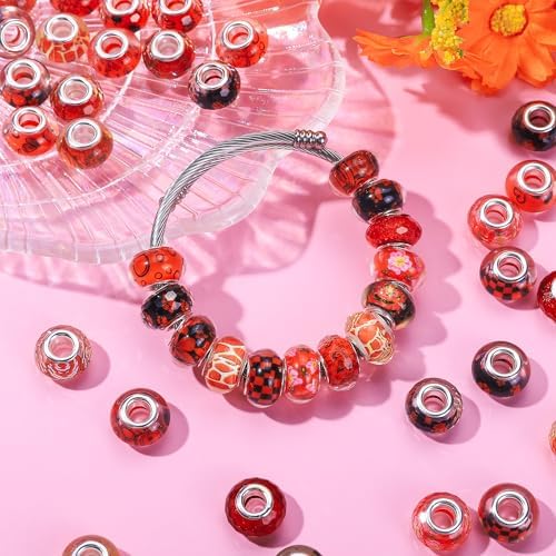 Aipridy Large Hole European Beads, Craft Supplies Kit，Assorted Mixed Color Lampwork Spacer Beads for DIY Bracelet Jewelry Making (100, Red) - Image 4