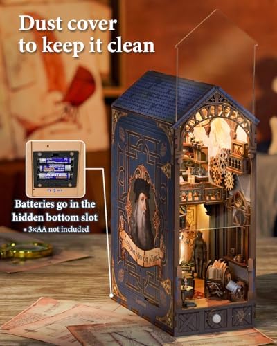 Tonecheer DIY Book Nook Kit for Adults, 3D Puzzle Wooden Miniature House Kit, Booknook Dollhouse Bookshelf Insert Decor Bookend with Dust Cover and LED Lights Gifts (Leonardo da Vinci) - Image 6