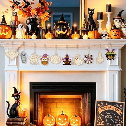 80PCS Wooden Halloween Ornaments to Paint Fall Decorations,10 Styles DIY Blank Autumn Unfinished Wood Skull Pumpkin Ghost Bat Witch Feet Halloween Cutouts Ornament for Crafts Party Hanging - Image 3