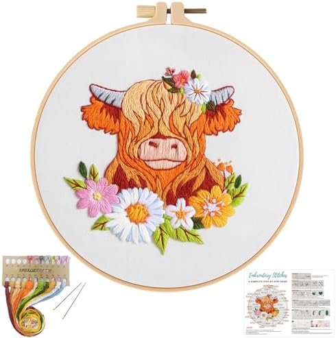 Louise Maelys Highland Cow Embroidery Kit for Beginners Floral DIY by LouiseMaelys