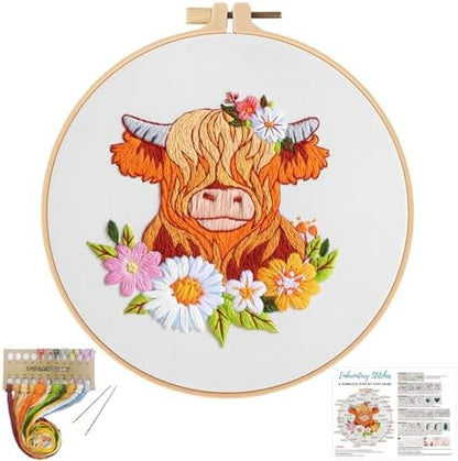 Louise Maelys Highland Cow Embroidery Kit for Beginners Floral DIY by LouiseMaelys