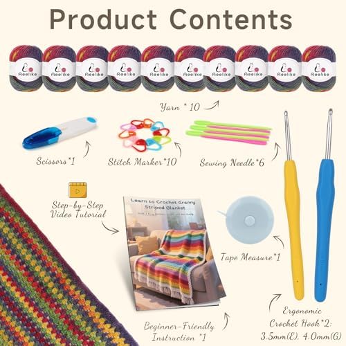 Aeelike Crochet Blanket Kit for Adults,Vedio Tutorial,Wool Yarn 10 Skeins - Image 3