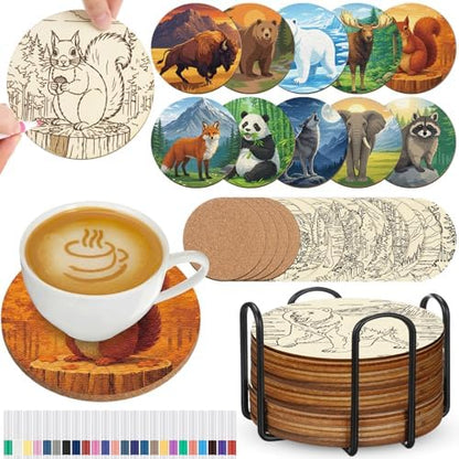 Reallnaive 45 Pcs Animal Wooden Coasters Painting Kit, 4 Inch Paint Your Own Boho Coasters with Markers, Arts and Crafts for Adults Women Seniors Elderly Crafters Gifts by Reallnaive