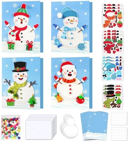 24 Sets Christmas Winter Card Making Craft Kit for with Envelopes DIY 3D Snowman Cards Crafts Make Your Own Greeting Card Making Supplies for Holiday Xmas Party Home Classroom Decor Activities by Qyeahkj