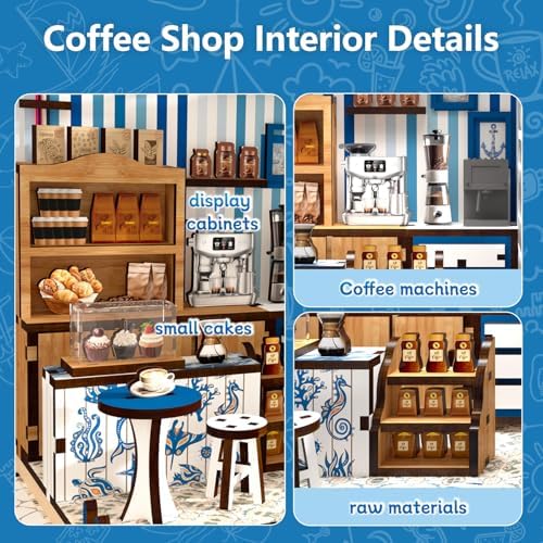 DIY Miniature House Kit, 3D Wooden Coffee Shop with Touch LED Lights, Mini Cafe Dollhouse Building Set, DIY Dollhouse Model Kit for Adults Teens, Creative Home Decor Craft Gift for Birthday - Image 3