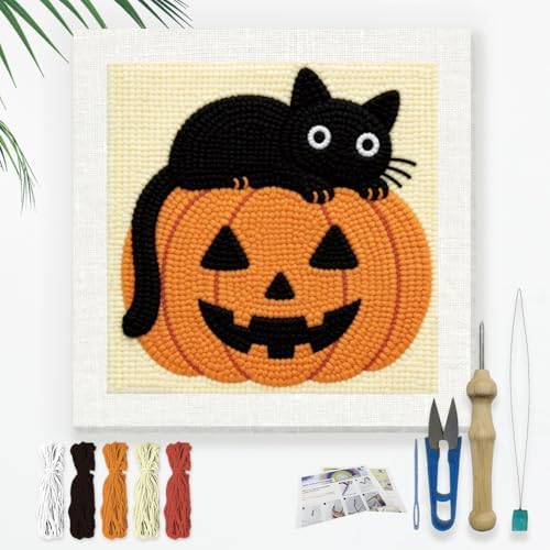 DOODLREAM Cartoon Cat Jack-o'-Lantern Needle Kit for Beginner, 9.4"x 9.4" Halloween Punch Stitching Craft Set, DIY Embroidery Starter with Printed Frame, Instruction, Threader, Yarn, Punch Needle by Doodlream