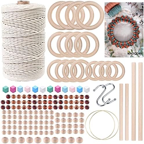 169pcs Macrame Kits for Beginners 3mm x 220yards Natural Cotton Macrame Cord Wall Hanging Kit, Best Macrame Supplies for Macrame Plant Hanger with Wooden Beads,Wooden Rings,Wooden Sticks,S Hooks by MAOQIAN