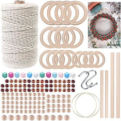 169pcs Macrame Kits for Beginners 3mm x 220yards Natural Cotton Macrame Cord Wall Hanging Kit, Best Macrame Supplies for Macrame Plant Hanger with Wooden Beads,Wooden Rings,Wooden Sticks,S Hooks by MAOQIAN