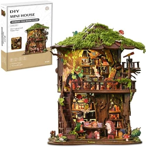 3D Wooden Forest Tea Book Club Puzzle, Handmade Mechanical Model, 410 Pieces Miniature House with Light Kit, Home Decoration Ornaments, Adult Creative Gifts by Unknown