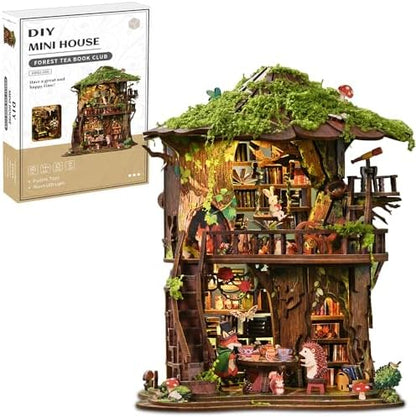 3D Wooden Forest Tea Book Club Puzzle, Handmade Mechanical Model, 410 Pieces Miniature House with Light Kit, Home Decoration Ornaments, Adult Creative Gifts by Unknown