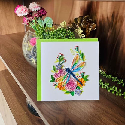 Quilling Cards, handmade card, quilled cards with Dedicated Paper, quilling birthday cards for women or all occasions: Mother's day, Greeting card, Birthday... daisy bouquet (Flowers with dragonfly) - Image 3