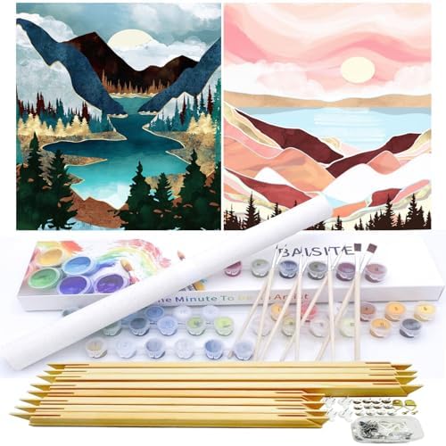 BAISITE Paint by Numbers Kit for Adults Beginners,12" Wx16 L 2 Pack Canvas for Painting Kits for Adults in Colorful Box-Sunset Lake Mountains 1112-DIY Frame by PaintbyNumbersKitsforAdults