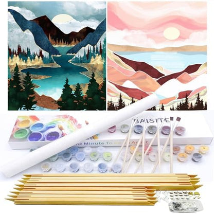 BAISITE Paint by Numbers Kit for Adults Beginners,12" Wx16 L 2 Pack Canvas for Painting Kits for Adults in Colorful Box-Sunset Lake Mountains 1112-DIY Frame by PaintbyNumbersKitsforAdults