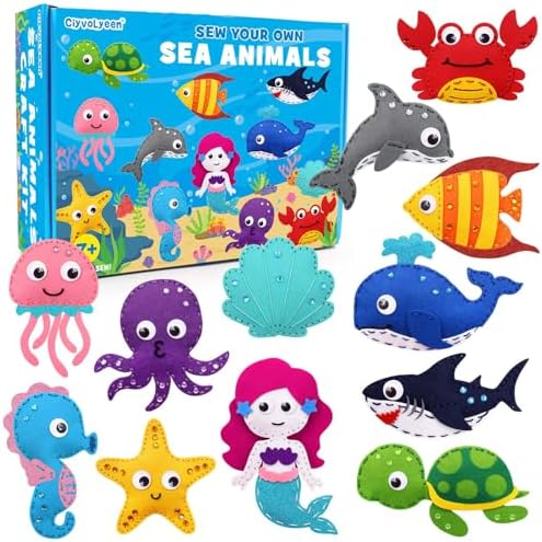 CiyvoLyeen Sea Animals Sewing Kit Mermaid DIY Felt Plush Craft Kit Make Your Own Ocean Animals Gifts for Beginner Boys and Girls Educational Kids Art Craft Supplies Set of 12 by CiyvoLyeen