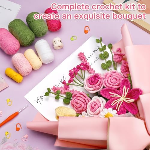 Iuuidu Crochet Kit for Beginners, Rose-Pink Flower Bouquet Crochet Kit - Image 4